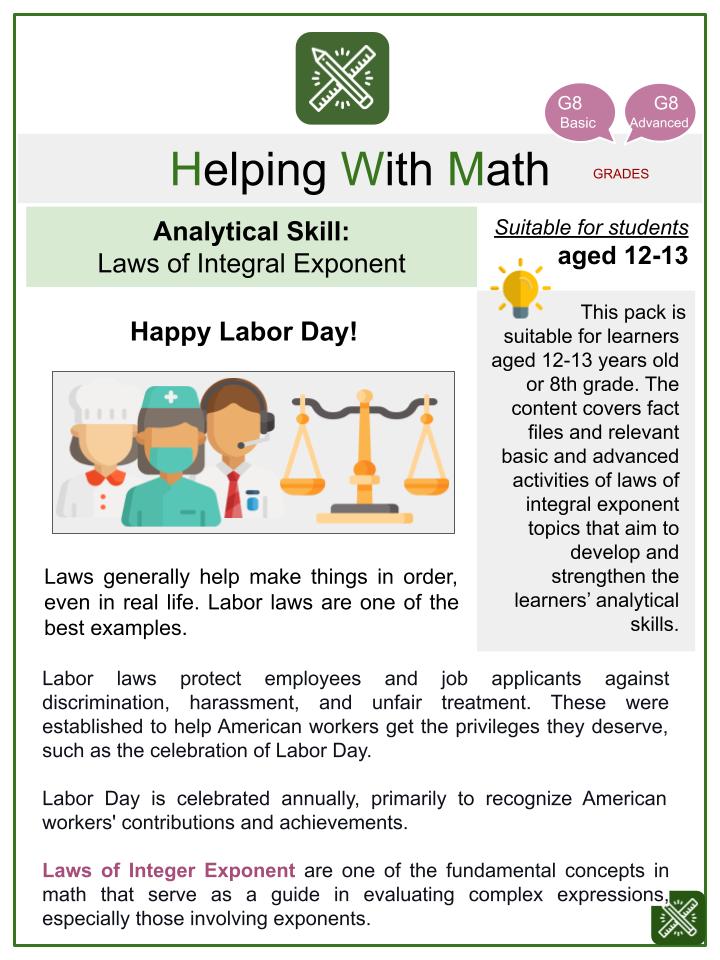 Laws of Integral Exponent (Labor Day Themed) Math Worksheets