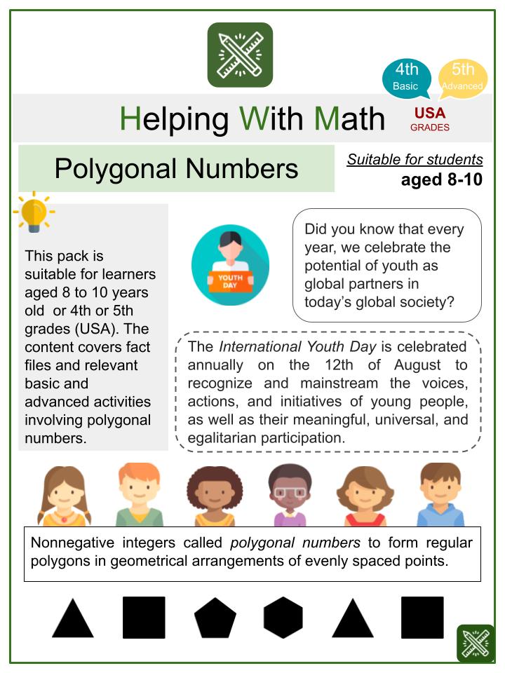 Polygonal Numbers (International Youth Day Themed) Math Worksheets