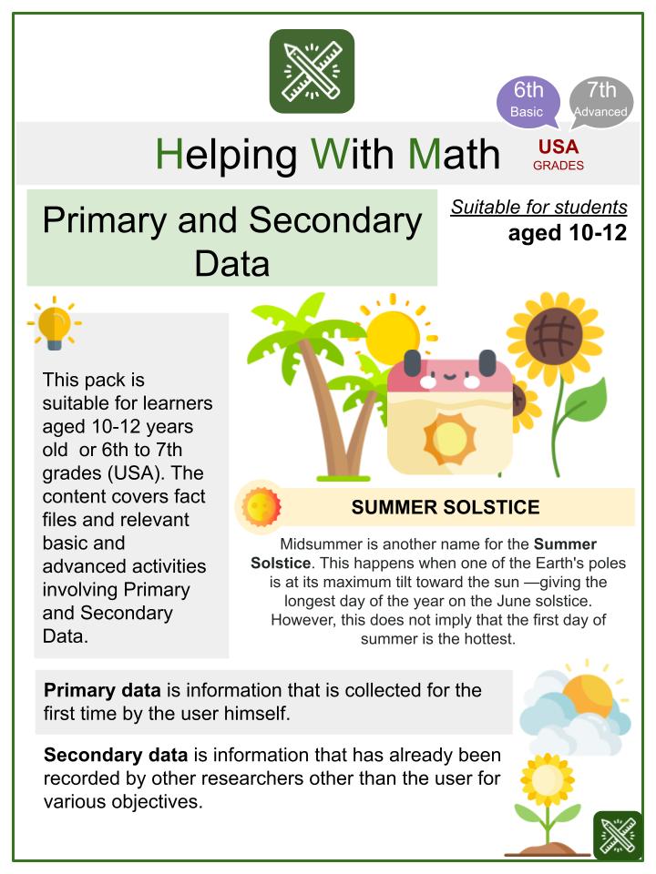Primary and Secondary Data (Summer Solstice Themed) Math Worksheets