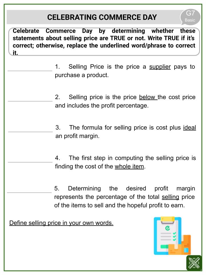 Selling Price (Support Your Local Chamber of Commerce Day Themed) Worksheets