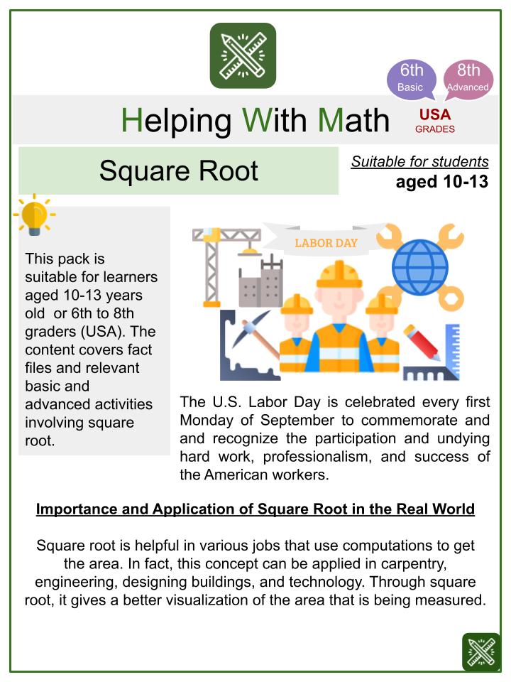 Square Root (Labor Day Themed) Worksheets