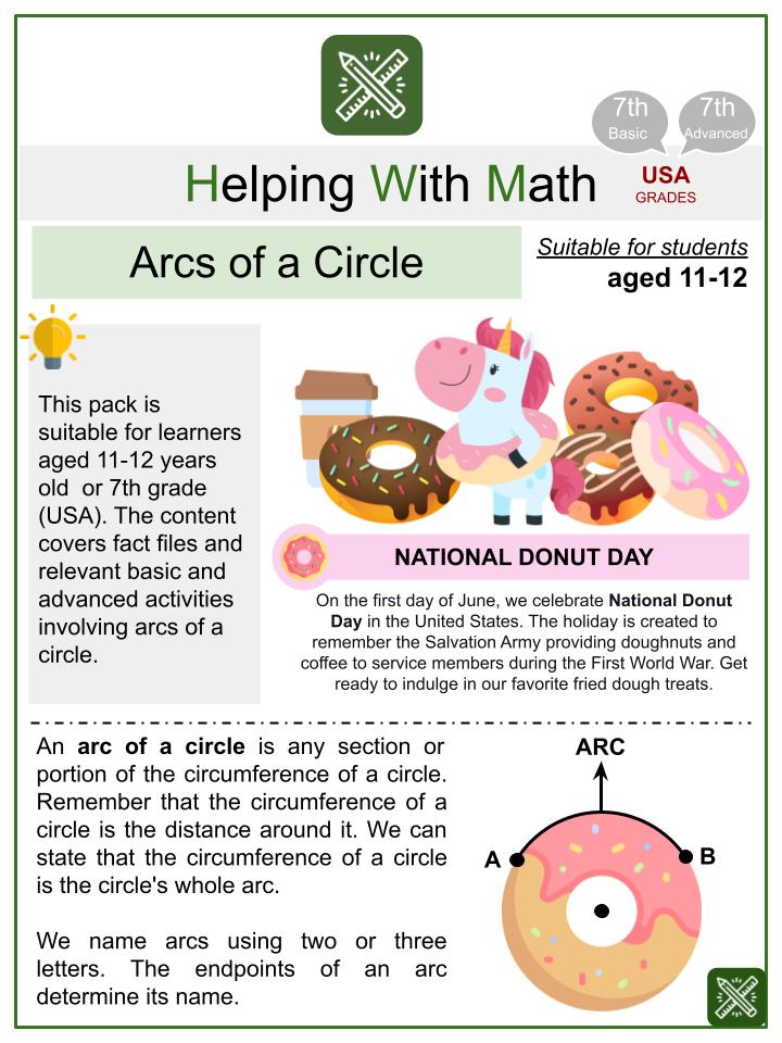 Arcs of a Circle (National Donut Day Themed) Worksheets