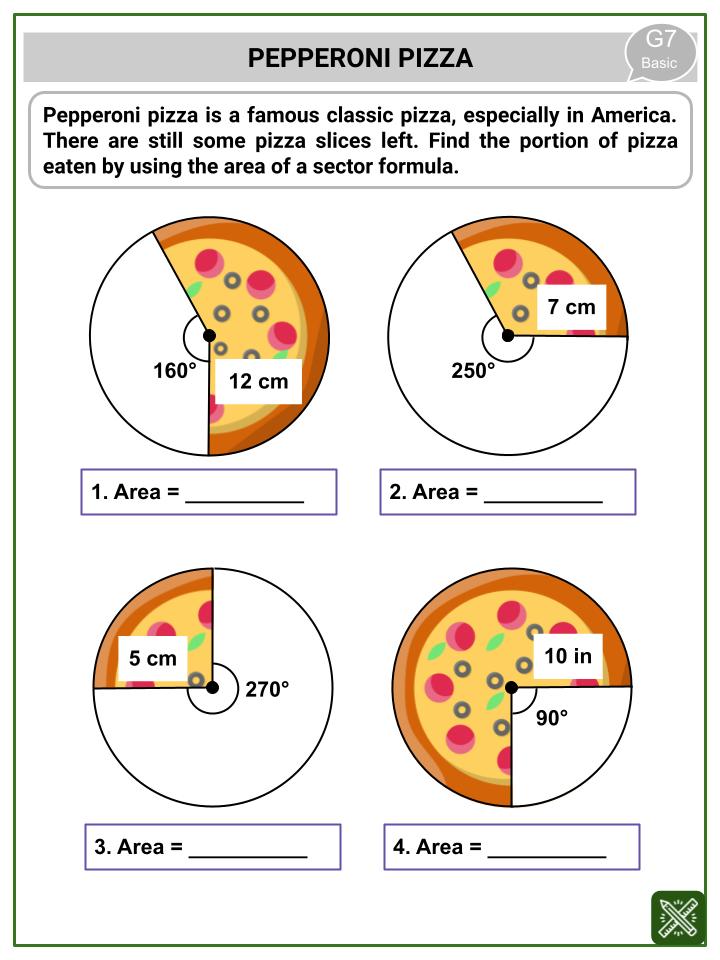 Area of a Sector (National Pizza Day Themed) Worksheets