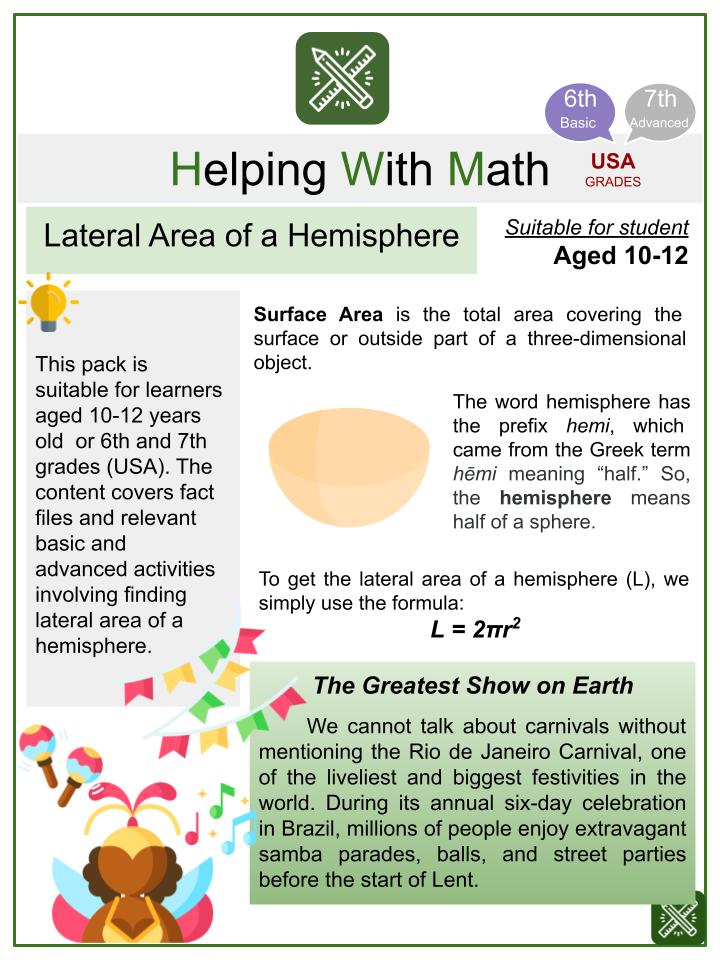 Lateral Area of a Hemisphere (Rio Carnival Themed) Math Worksheets