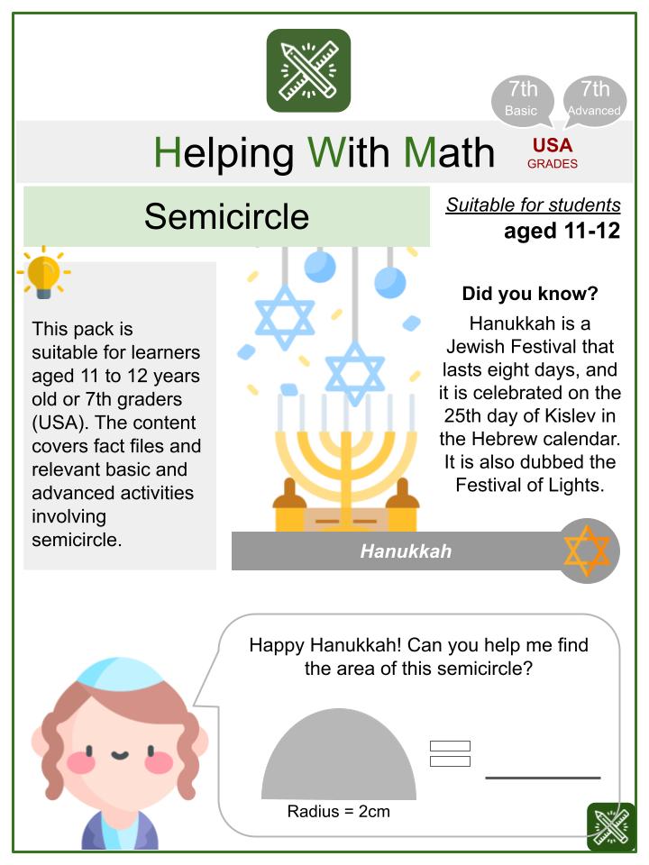 Semicircle (Hanukkah Themed) Math Worksheets