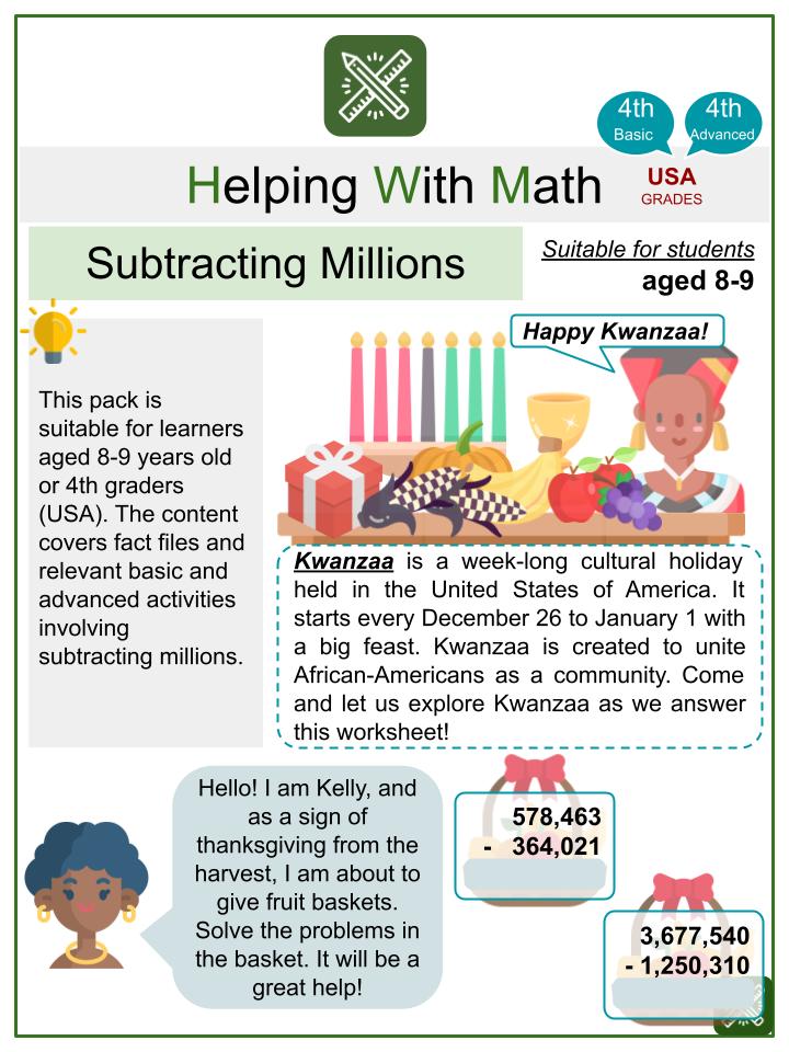 Subtracting Millions (Kwanzaa Themed) Math Worksheets