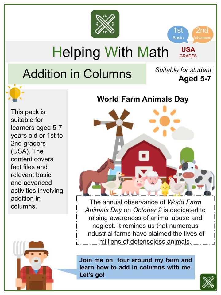 Addition in Columns (World Farm Animals Day Themed) Math Worksheets