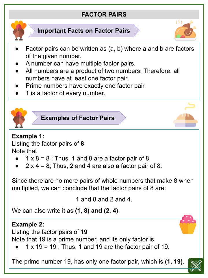 Factor Pairs (Thanksgiving Day Themed) Worksheets