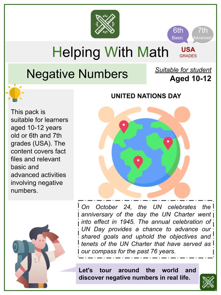 Negative Numbers (United Nations Day Themed) Math Worksheets