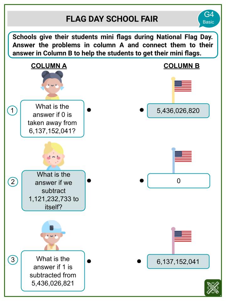 Subtracting Billions (National Flag Day Theme) Worksheets