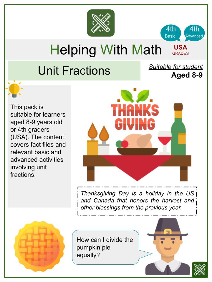 Unit Fractions (Thanksgiving Day Themed) Math Worksheets
