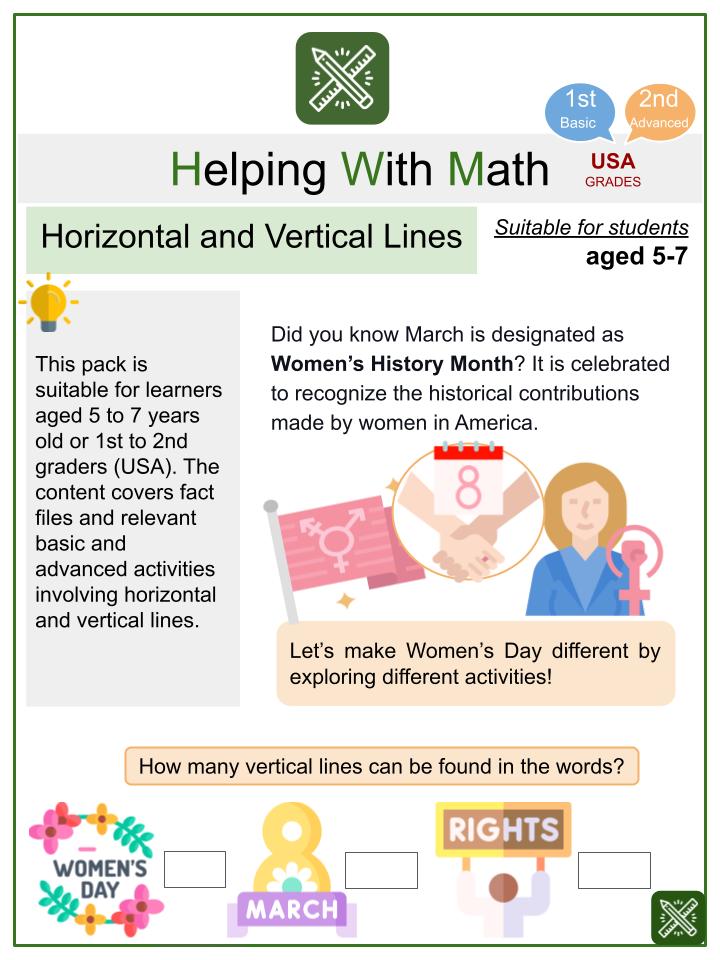 Horizontal and Vertical Line (Women's History Month Themed) Math Worksheets