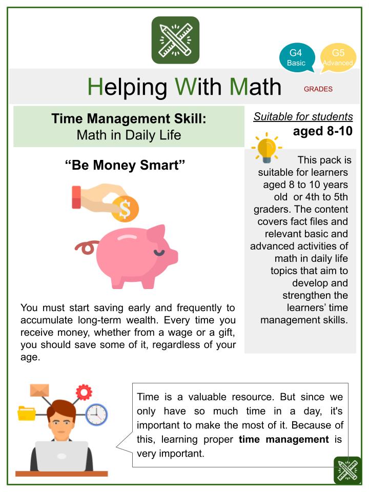 Time Management Skill_ Math in Daily Life (Savings Themed) Worksheets