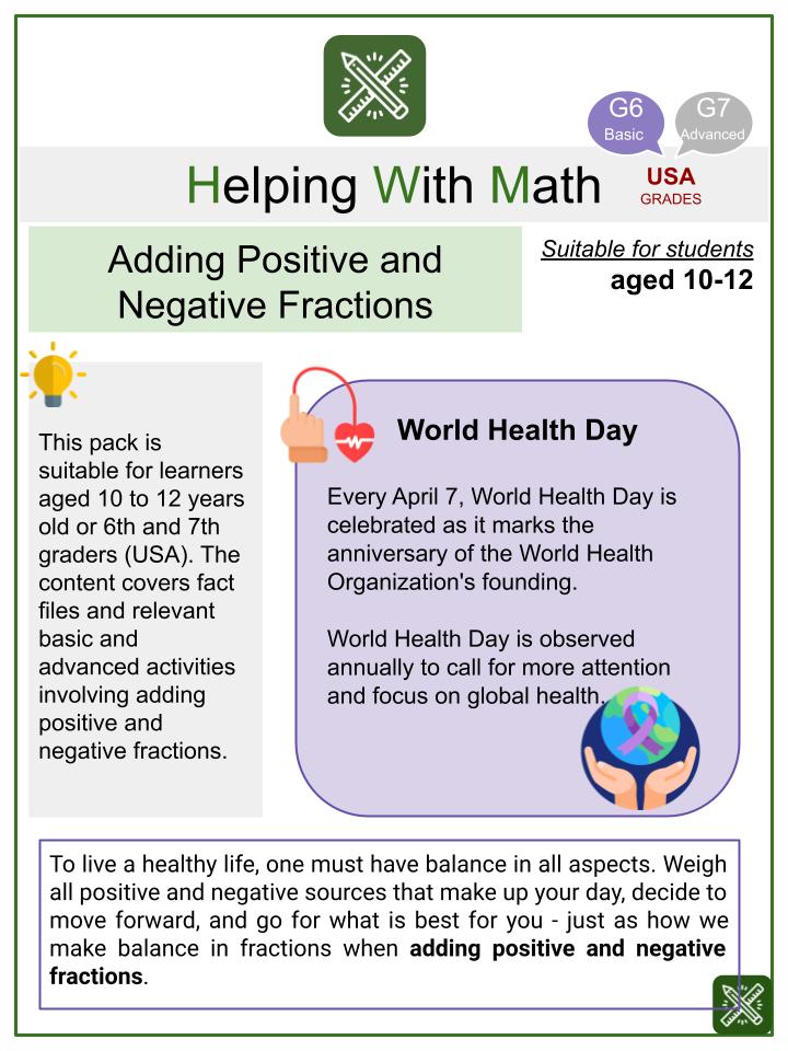 Adding Positive and Negative Fractions (World Health Day Themed) Math Worksheets