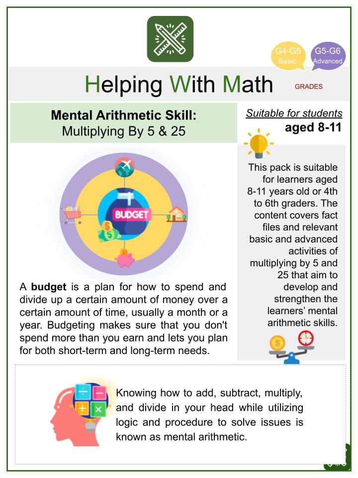Multiplying By 5 & 25 (Budgeting Themed) Math Worksheets