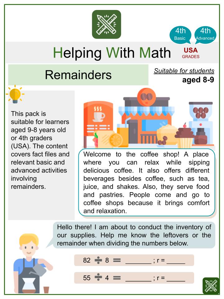 Remainders (Coffee Shop Themed) Math Worksheets