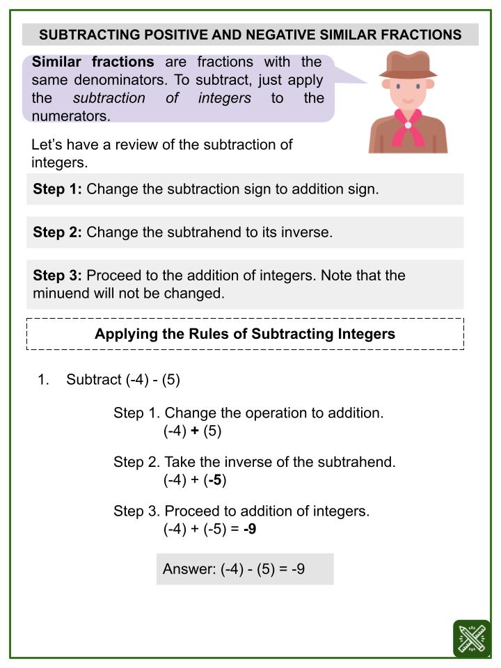 Subtracting Positive and Negative Fractions (Boy Scouts of America Themed) Worksheets