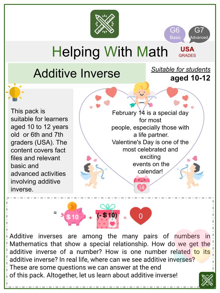 Additive Inverse Valentine s Day Math Worksheets Age 10 12
