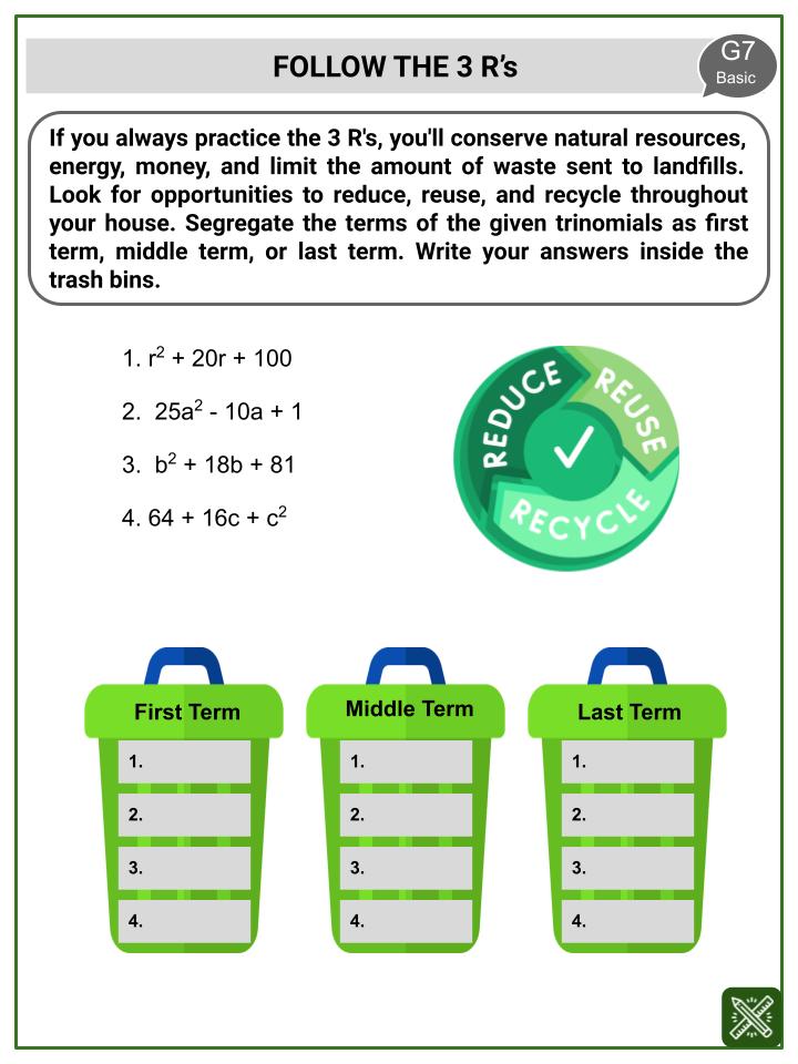 Factoring Perfect Square Trinomials (Earth Day Themed) Worksheets