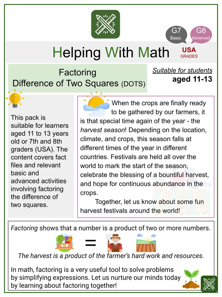 Factoring Difference of Two Squares (DOTS) (Harvest Festival Themed) Math Worksheets