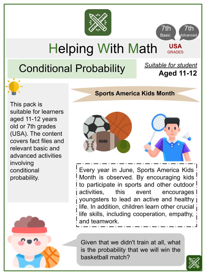 Conditional Probability (Sports America Kids Month Themed) Math Worksheets