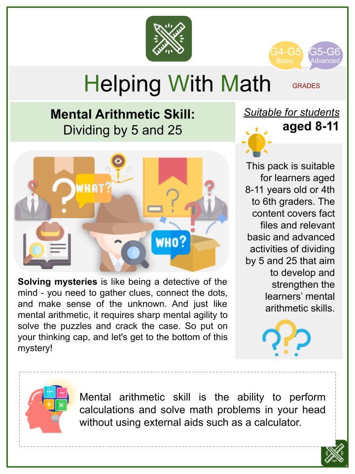 Dividing By 5 and 25 (Solving Mysteries Themed) Math Worksheets