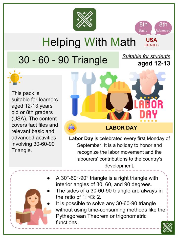 30 60 90 Triangle Labor Day Math Worksheets Age 12 13