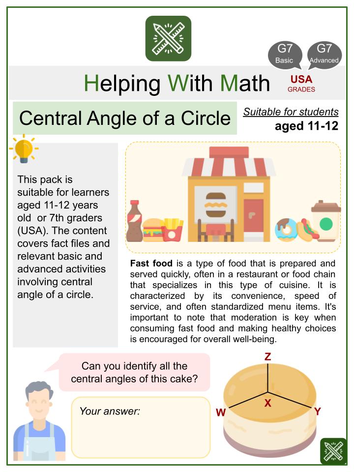 Central Angle of a Circle (Fast Food Themed) Math Worksheets