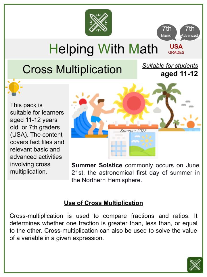 Cross Multiplication (Summer Solstice Themed) Math Worksheets