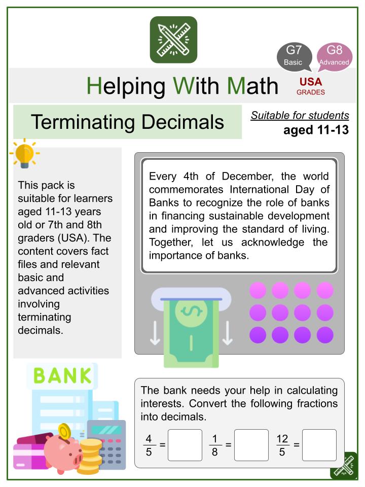 Terminating Decimals (International Day of Banks Themed) Math Worksheets
