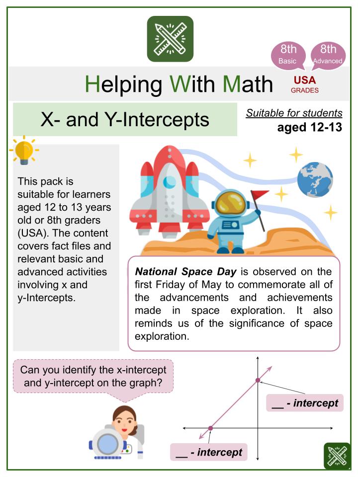 X- and Y-Intercepts (National Space Day Themed) Math Worksheets