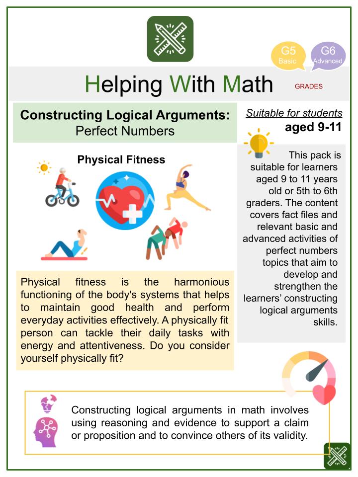 Perfect Numbers (Physical Fitness Themed) Math Worksheets