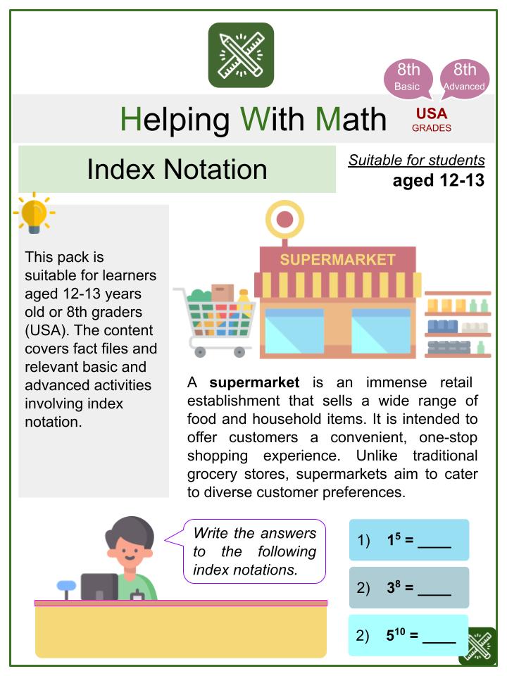 Index Notation (Supermarket Themed) Math Worksheets
