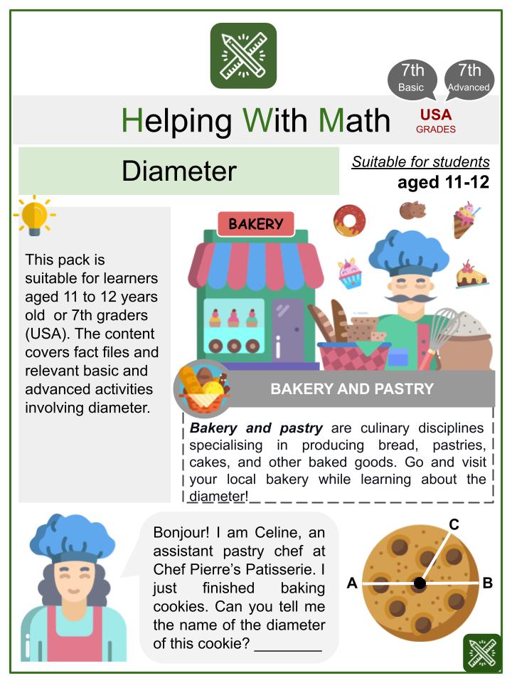 Diameter (Bakery and Pastry Themed) Math Worksheets