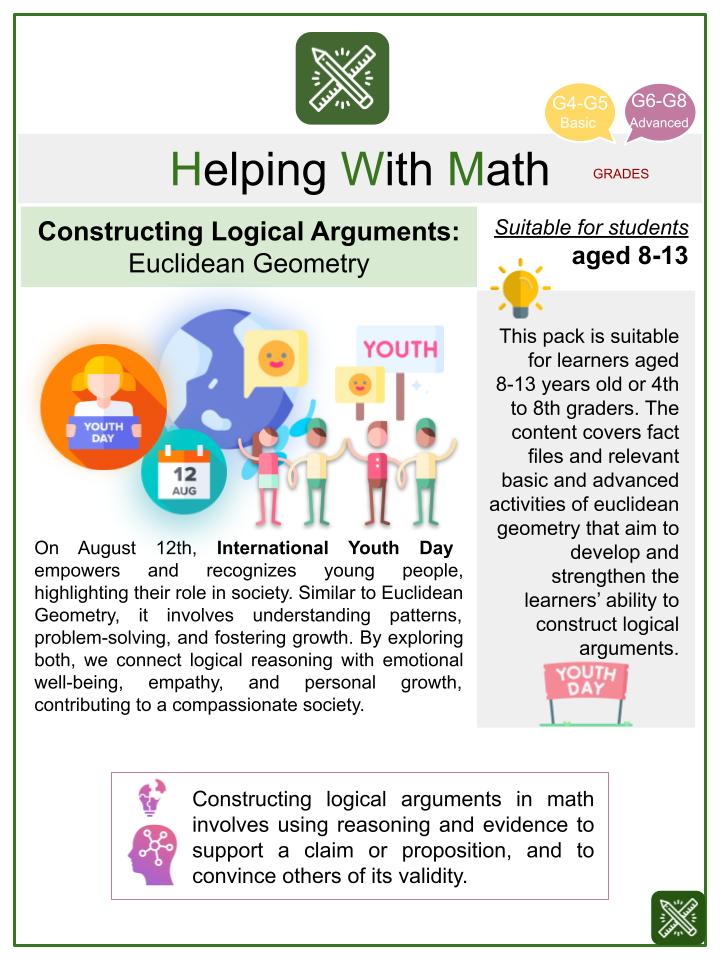 Euclidean Geometry (International Youth Day Themed) Math Worksheets