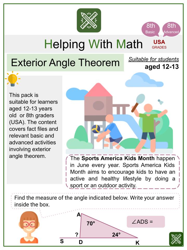 Exterior Angle Theorem (Sports America Kids Themed) Math Worksheets