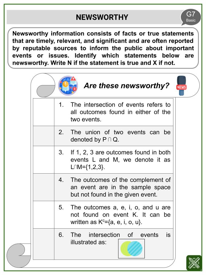 Union, Intersection, and Complement of Events (News Themed) Worksheets