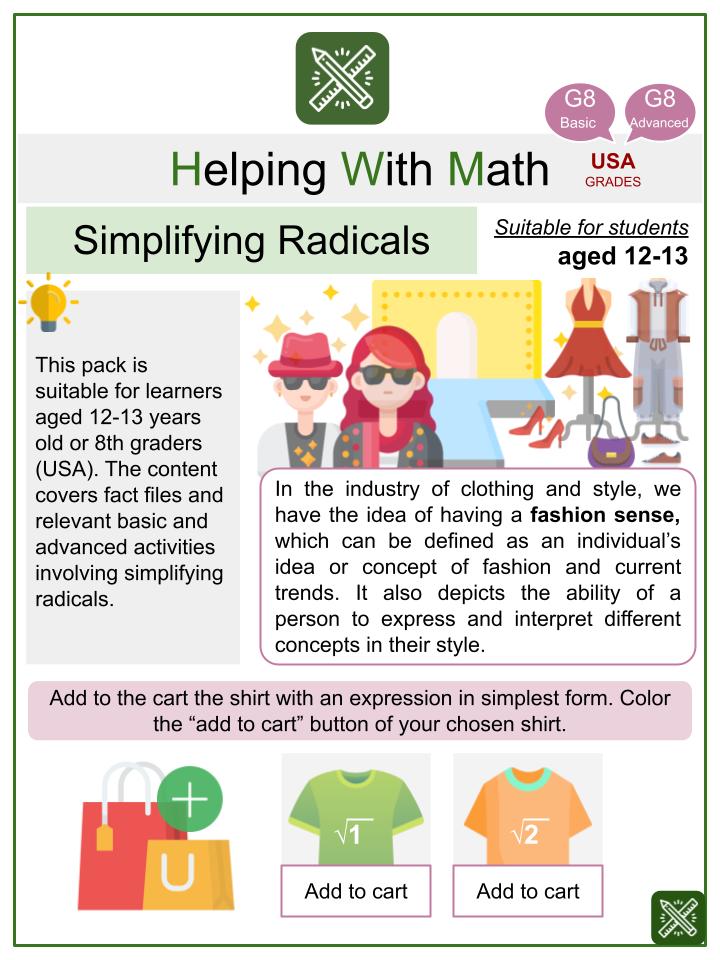 Simplifying Radicals (Fashion Themed) Math Worksheets