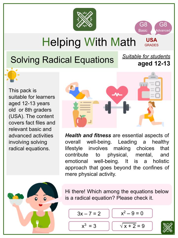 Solving Radical Equations (Health and Fitness Themed) Math Worksheets