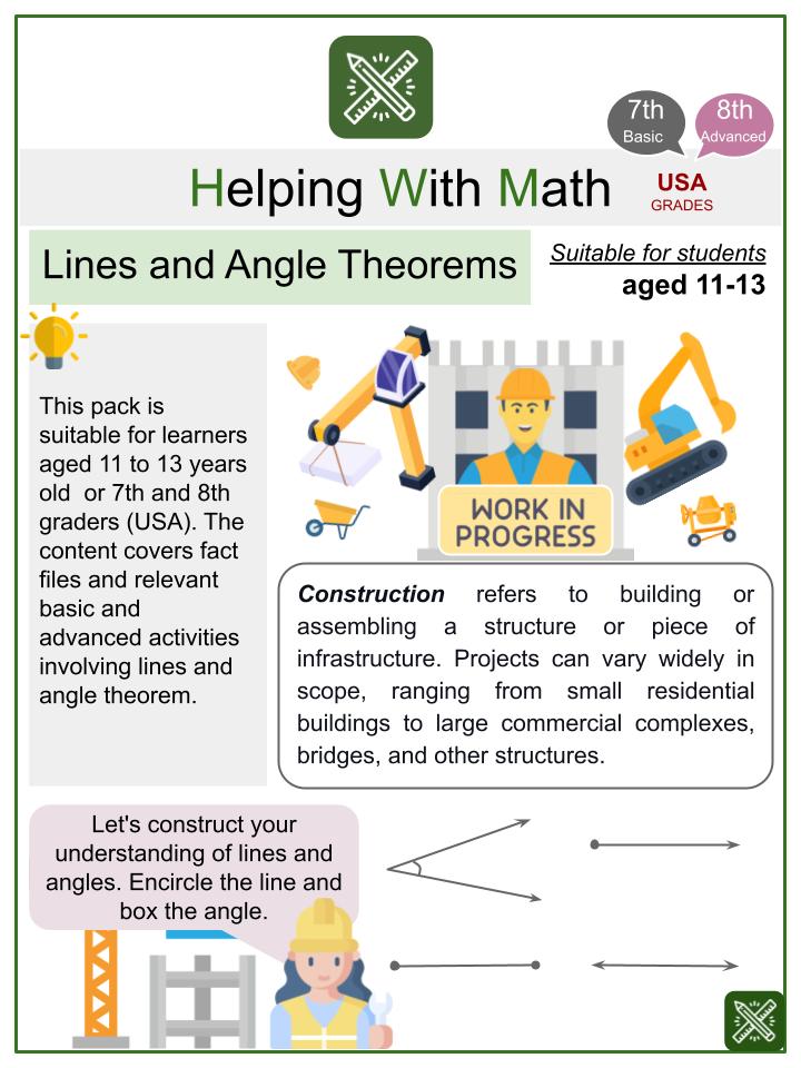 Lines and Angle Theorem (Construction Themed) Worksheets