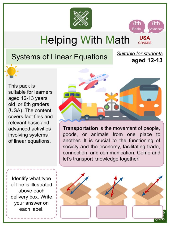 Systems of Linear Equations (Transportation Themed) Worksheets