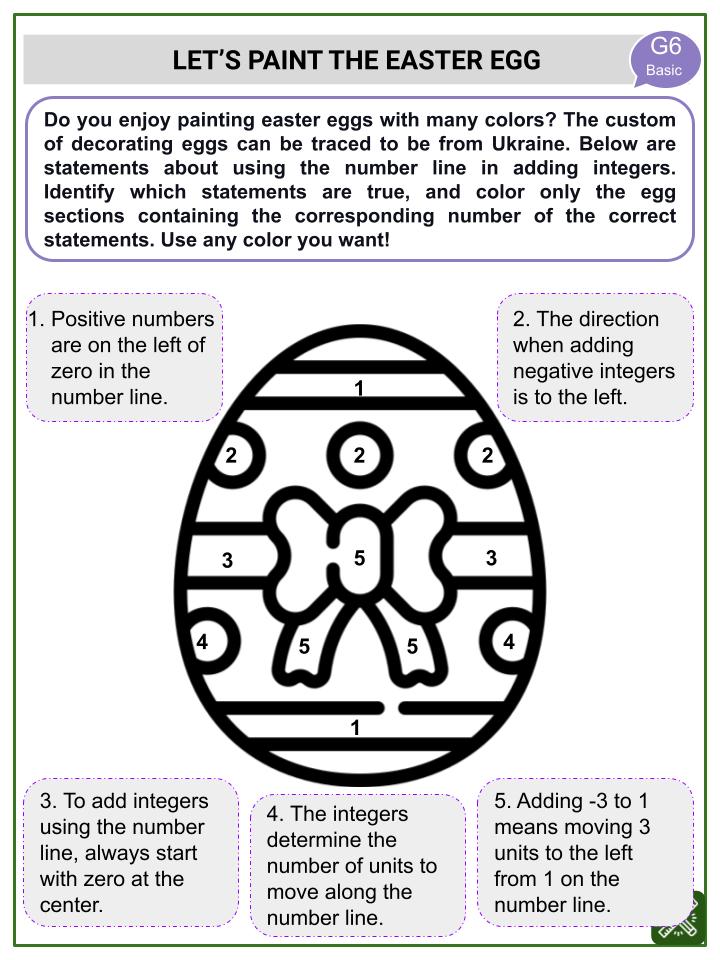 Adding Integers Using the Number Line (Easter Themed) Worksheets