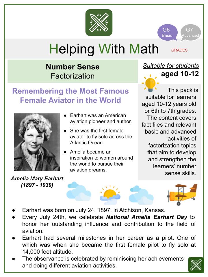 Factorization (Amelia Earhart Day Themed) Math Worksheets