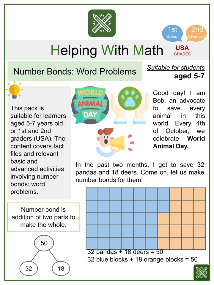 Number Bonds: Word Problems (World Animal Day Themed) Math Worksheets