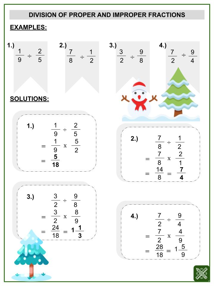 Proper and Improper Fractions (Winter Themed) Worksheets