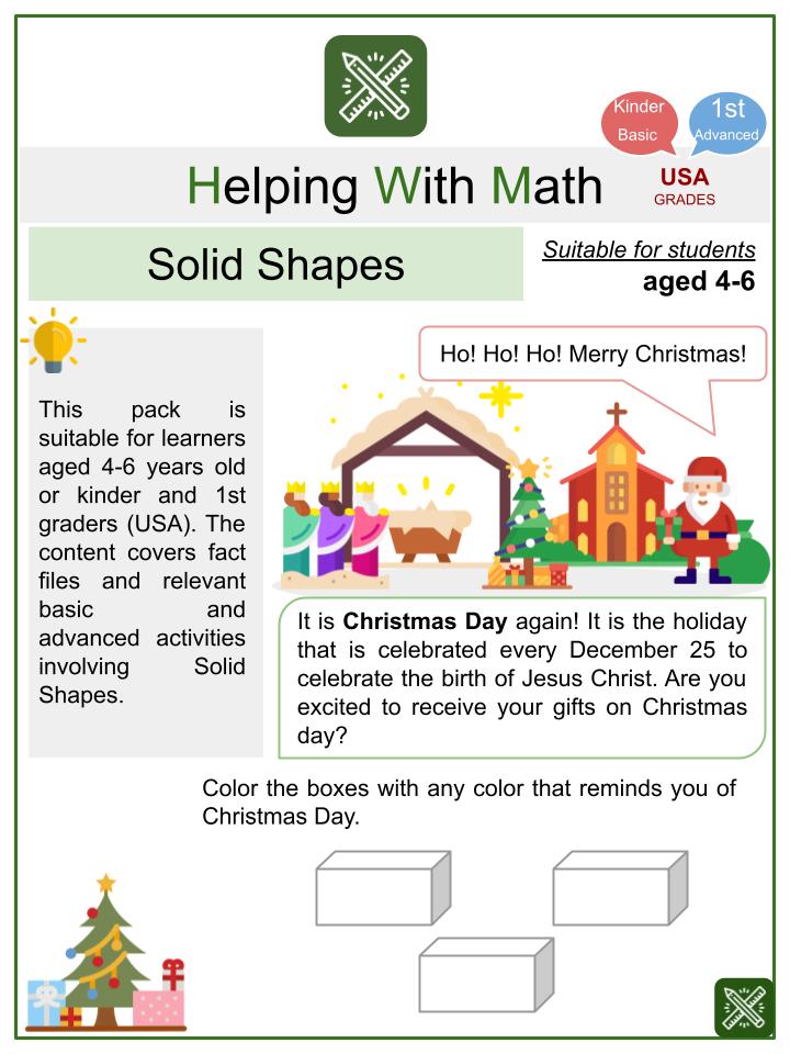 Solid Shapes (Christmas Day Theme) Math Worksheets